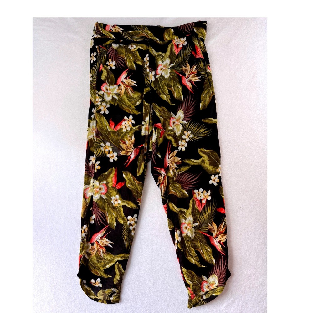 Billabong Women's M Tropical Floral Harem Pants Black Rayon Boho Beach Resort